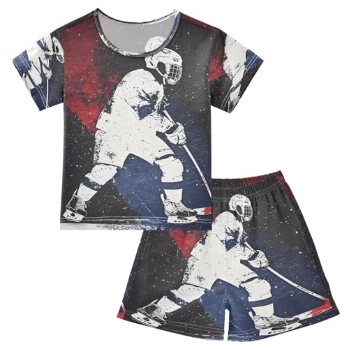 ALAZA Watercolor Ice Hockey Player Pajamas Set Short Sleeve Cotton Sleepwear Summer Pjs 2 Piece 5-14Y