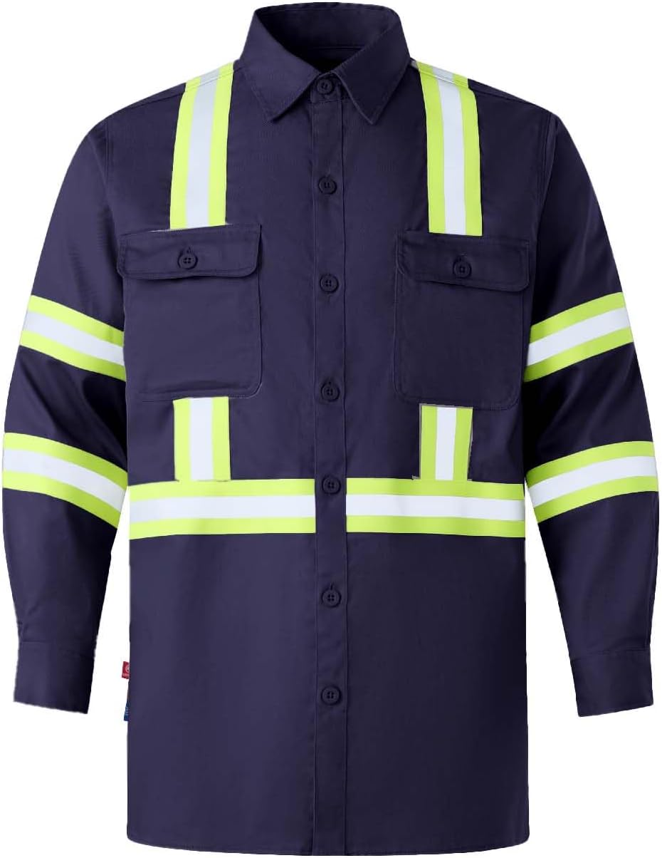 FR Hi-Vis Shirts 7OZ Flame Resistant/Fire Retardant High Visibility 100% Cotton Men’s Welding Safety Shirt NFPA2112/CAT2