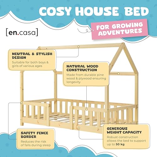 [en.casa] Children's bed Sisimiut House bed 70 x 140 cm with fall-out protection Slatted frame Pine Wood look - Image 4