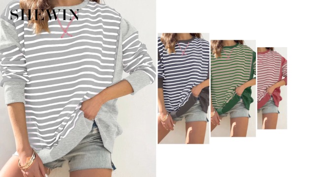 SHEWIN Womens Casual Striped Color Block Sweatshirts Tops