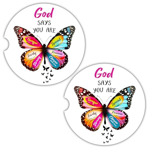 Christian Car Coasters for Cup Holders - Bible Verses Butterfly Car Accessories for Women, Inspirational Religious & Faith Gift, 2 Pack Absorbent Ceramic Cup Holder Coaster for Car, Spiritual Decor