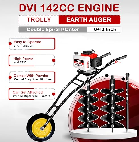 Image of DVI 142CC Trolley Earth Auger Machine, 4-Stroke Petrol Engine - with 10 Inch + 12 Inch Double Spiral Planter Bits & Free Extension Rod | for Plantation, Fencing & Post Hole Digging in All Soil Types.