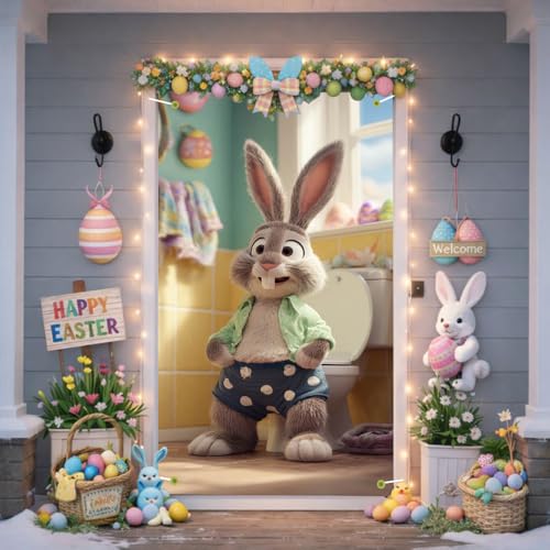 Image of Easter Door Cover Funny Bunny Bathroom Door Banner Happy Easter Door Covers for Front Door Spring Easter Door Decorations 35x71 Inch