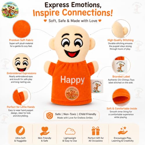 Image of Emotions Hand Puppets for Kids (Pack of 6) | Happy, Crying, Angry, Sad, Scared & Surprised Emotion Puppets | Educational Learning Toy | Feelings & Social Emotional Learning.