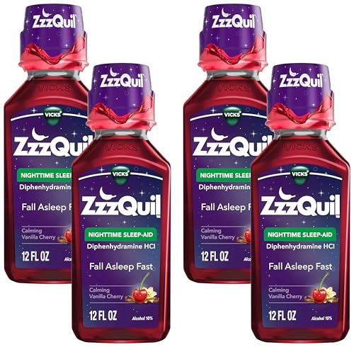 Image of ZzzQuil, Nighttime Sleep Aid Liquid, 50 mg Diphenhydramine HCl, No.1 Sleep Aid Brand, Fall Asleep Fast, Non-Habit Forming, Calming Vanilla Cherry, 12 FL OZ (Pack of 4)