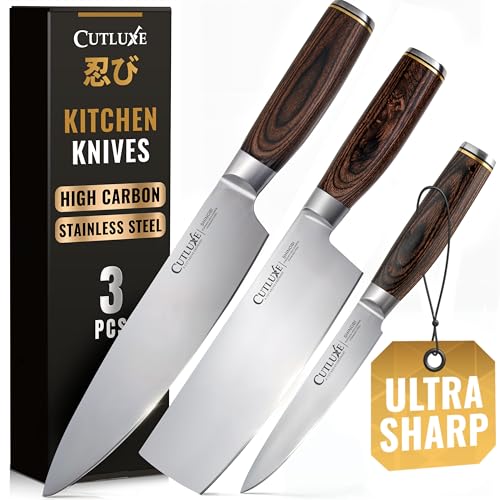 Image of Cutluxe 3-Piece Chef Knife Set - Ultra Sharp Japanese Kitchen Knives, High Carbon Stainless Steel Blades, Full Tang Pakkawood Handles - Shinobi Series