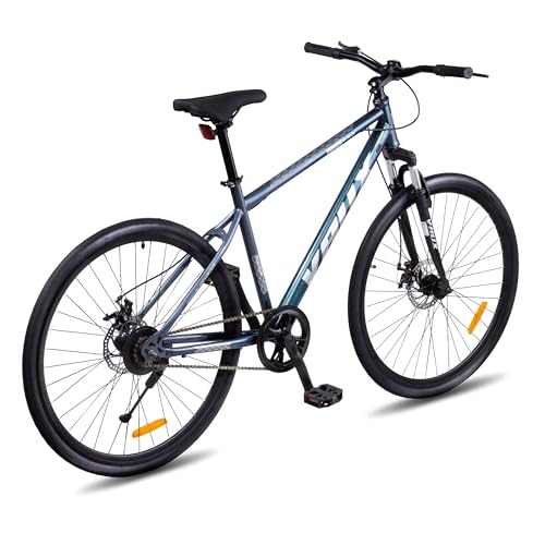 Image of Vaux City-Pro Single Speed Hybrid Cycle for Men with Dual Disc Brakes & Suspension Fork, 19 Inch Hi-Ten Steel Frame, 700x35C Tyres, Alloy Rims, City Bike(Grey-Blue, Single Speed, Suspension Fork)