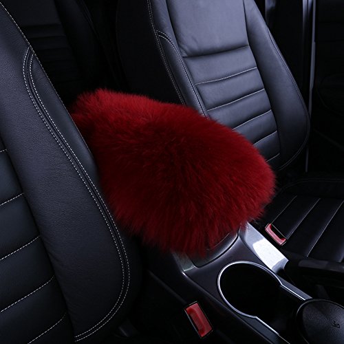 MLOVESIE Auto Center Console Armrest Pad, Warm Winter Fluffy Sheepskin Wool Vehicle Center Console Arm Rest Seat Box Pad Cover Cushion Universal Fit for Most Car(5.91x11.81 inches) (Wine Red)