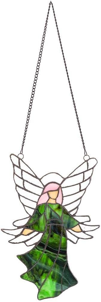 Wind & Weather 8-Inch Wide by 12-Inch High Colorful Stained Glass Angel Sun Catcher with Flowing Gown and Raised Wings Comprised of 44 Pieces of Stained Glass with 24 Hanging Chain (Green)