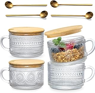 4pcs Set Vintage Coffee Mugs, Overnight Oats Containers with Bamboo Lids and Spoons - 14oz Clear Embossed Glass Cups, Cute Coffee Bar Accessories, Iced Coffee Glasses, Ideal for Cappuccino, Tea, Latte