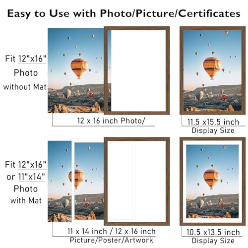 Image of JCJMY 12x16 Picture Frame Brown with 11x14 Mat, Display Photo 11x14 with Mat or 12 x 16 Without Mat, Wall Hanging Large Frame with Plexiglass, Brown