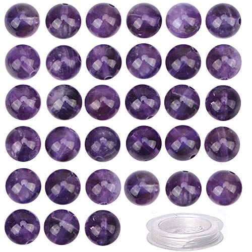 Image of 100Pcs Natural Crystal Beads Stone Gemstone Round Loose Energy Healing Beads with Free Crystal Stretch Cord for Jewelry Making (Amethyst, 6MM)