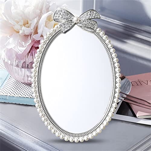 Miroir de table ovale cadeau chic argent brillant strass perles blanches