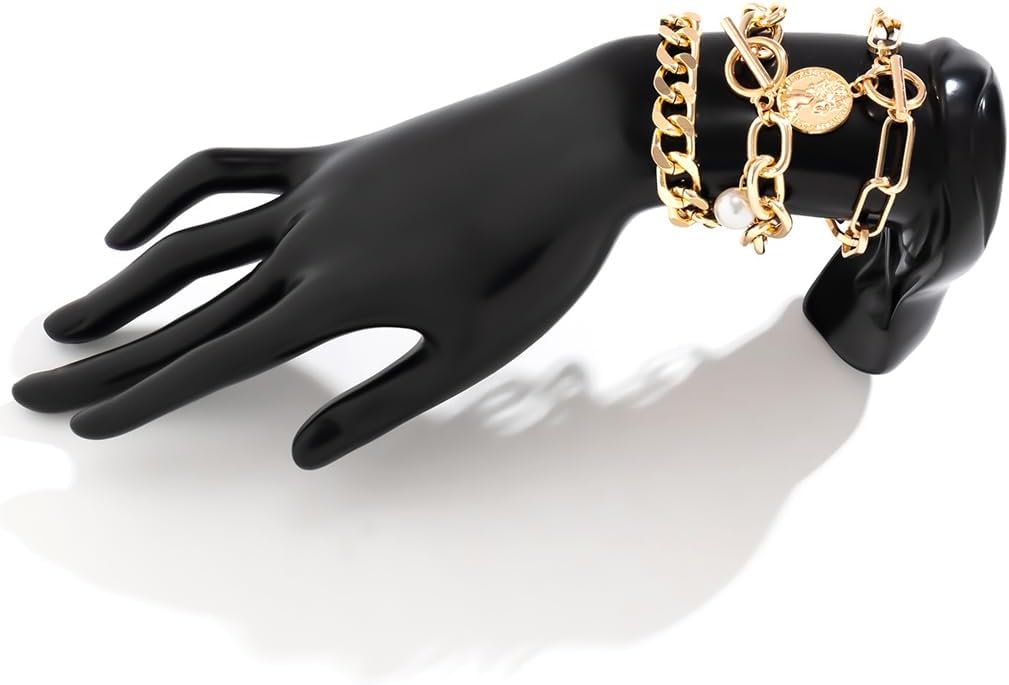 FUTIMELY Chunky Coin OT Bracelets,Charming Plated Gold Cuban Link Stackable Bracelet Set,Aesthetic Pearl Portrait Pendant Toggle Statement Bangle for Women - Image 7