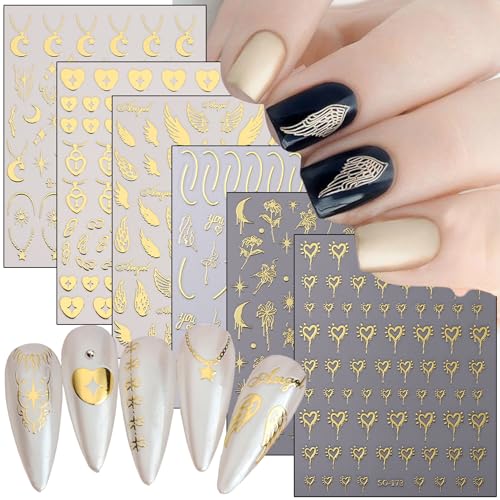 Vezocim Gold Nail Art Stickers Decals 3D Angel Wings Heart Sun Moon Star Flower Rose Line Nail Self-Adhesive Sticker Designs Golden Nail Transfer Decals for Women Girls Manicure Art Decorations