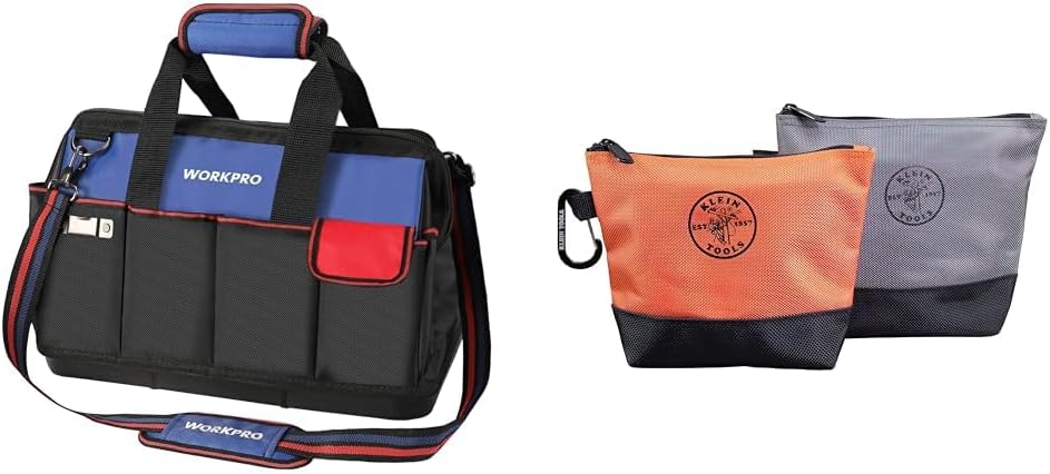 WORKPRO 18" Tool Bag with Waterproof Base, 20 Pockets & Klein Tools Utility Bags, Stand-Up Zipper, 1680d Ballistic Weave, 2-Pack