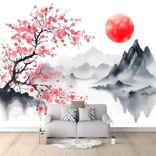 Papel tapiz panorámico 3D 250 x 175 cm Papel tapiz no tejido para Salón dormitorio infantil decoración Oriental Montañas De Flores De Cerezo patrón Mural Blanco Papel tapiz de fondo
