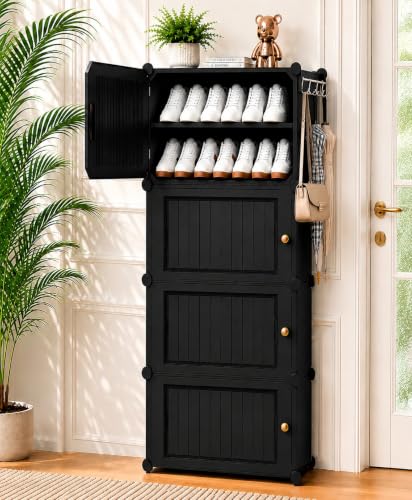 Image of Mevigo 8-Tier Shoe Rack with 4 Doors| Holds 16 Pairs |Waterproof & Dustproof Modular Plastic Shoe Cabinet| Foldable Stackable Shoe Organizer with Metal Frame |Space Saving Storage for Home,Entry Way