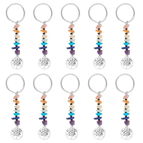 UNICRAFTALE 16Pcs 7 Chakra Keyring Crystal Gemstone Chips Keychains with Alloy Charms Pendants Findings Flat Round with Tree of Life Keychain Key Chain Stone Charmes Keychain Charm Gift