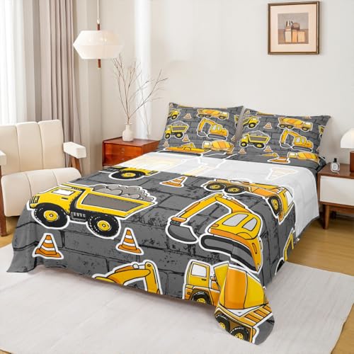 Erosebridal Equipment Truck Fitted Sheet Kids Excavator Sheet Set Full Size Tractor Blender Bed Sheet Construction Vehicle Fitted Sheet+1 Flat Sheet+2 Pillow Cases, 4 Pieces Bedding Set, Yellow Gray