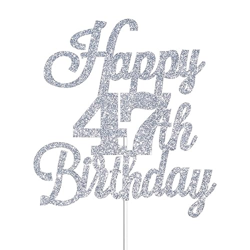 Happy 47th Birthday Cake Toppers Silver Glitter, Cheers to 47 Years Old Bday Decoration 47th Anniversary Cake Topper, Forty-seven Theme Cake Decorations for Birthday Anniversary Party