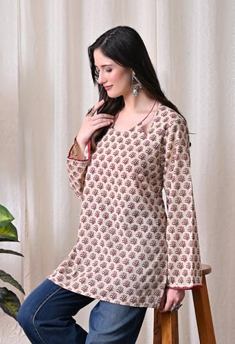 Image of MEERA FAB Women Cotton Printed A-Line Tunic Top with Square Neck | Floral Printed Halter Strap Detail & Bell Sleeves | Short Kurti for Women