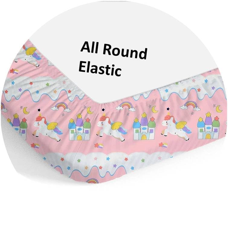 Image of Filymore Star Unicorn Elastic Fitted bedsheet for Kids Room Single Bed 240 TC Soft Microfiber (Size 72x36 inches) fit up to 6 inches Mattress(Color- Peach and White)