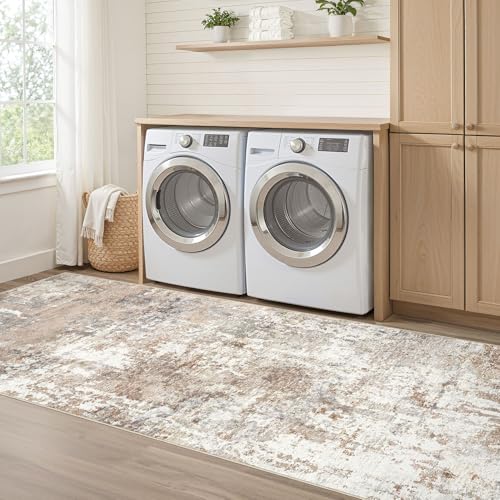 Runner Rug Kitchen Washable Rugs: 3x10 Non-Slip Abstract Soft Modern Stain Resistant Indoor Floor Neutral Accent Throw Carpet for Hallway Bathroom Laundry Room Entryway Bedroom- Brown