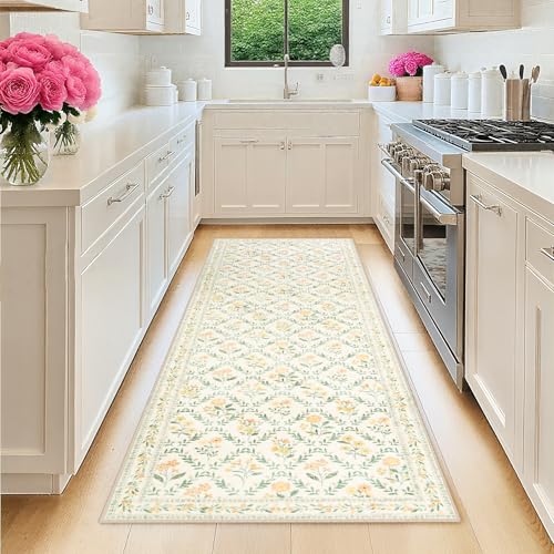 Runner Rug for Entryway: 2x6 Kitchen Rugs Non Slip Washable Ultra-Thin Soft Floral Carpet Indoor Floor Stain Resistant Carpets for Hallway Bedroom Kitchen Laundry Bathroom Dorm Beige/Multi