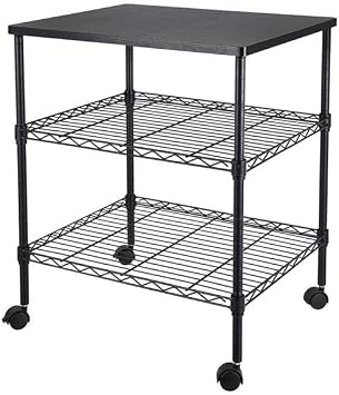 3-Shelf Rolling Printer Cart with Locking Wheels, Heavy-Duty Mobile Stand for Printer, Scanner, Fax Machine & Office Supplies, Black Steel Wire Frame & Laminate Top, 30kg Capacity Per Shelf