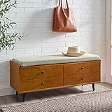 Walker Edison Mid Century Modern Wood Entryway Bench with Cushion Hallway Mudroom Metal Bedroom Bench Ottoman, 46 Inch, Acorn
