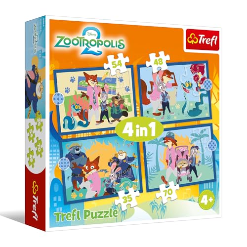 Trefl - Zootopia 2, Zootopia Plein d'aventures - Puzzle 4 en 1, 4 Puzzles, 35 à 70 pièces - Puzzles colorés avec des Personnages de Contes de fées, pour Le...
