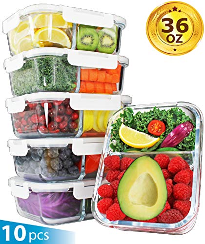 PrepIt Glass Meal Prep Containers 2 Compartment - Glass Food Storage Containers