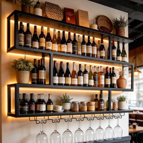 AUSKLEZU Botellero de Pared para Vino con Luz LED Cálida - Botellero Industrial de Pared Vertical de 4 Niveles, Estantería Flotante con Soporte para Copas Colgante para Bar, Cocina y Comedor(100cm)