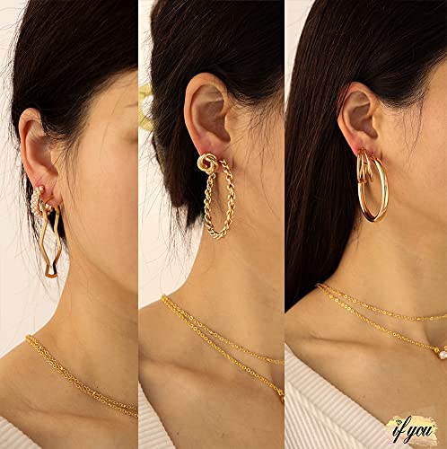 32 Pairs Gold Hoop Earrings Set For Women Girls, Fashion Chain Link Hoop Stud Drop Dangle Earrings Boho Statement Hypoallergenic Earrings For Christmas Jewelry Gift (3-Gold) #TOP2