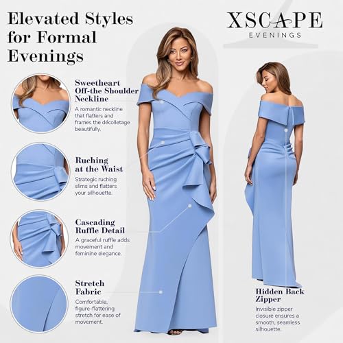Image of Xscape Women's Long Off-the-Shoulder Sweetheart Neckline Formal Evening Gown with Ruching and Draped Ruffle Detail