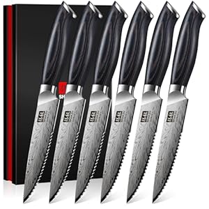 SHAN ZU Steakmesser aus Pulverstahl 6 Teilig Japanischer Frühstücksmesser Kohlenstoffreiches 63 HRC Küchen-Steakmesser-Set, Professionelle 12°-Scharfe Fleischmesser für Steak mit Ergonomischem Griff