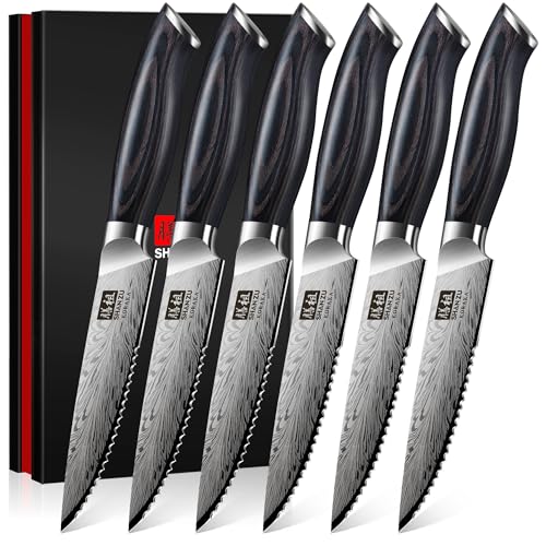 SHAN ZU Japanese Steak Knives Set of 6 - High Carbon Powder Steel 63 HRC Razor Sharp 12 Blade Professional Kitchen Knives with Ergonomic Pakkawood Handle for Meat & BBQ