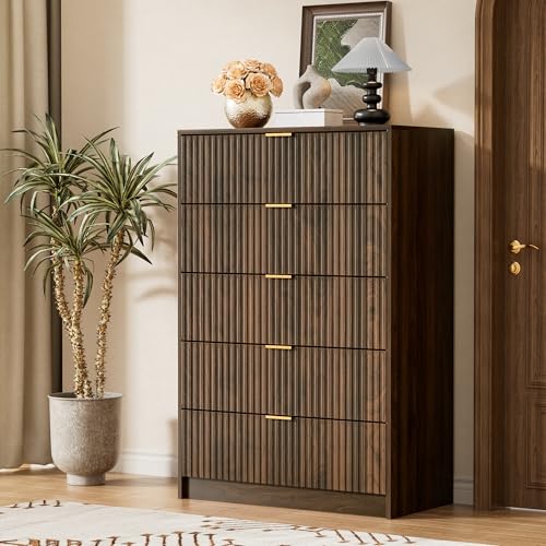 Image of Furniway Walnut Dresser for Bedroom, Tall Dresser with 5 Drawers and Smooth Slides, Modern Chest of Drawers with Golden Handles for Bedroom, Living Room, Closet, 15.7 inch D x 31.5 inch W x 47.2 inch H
