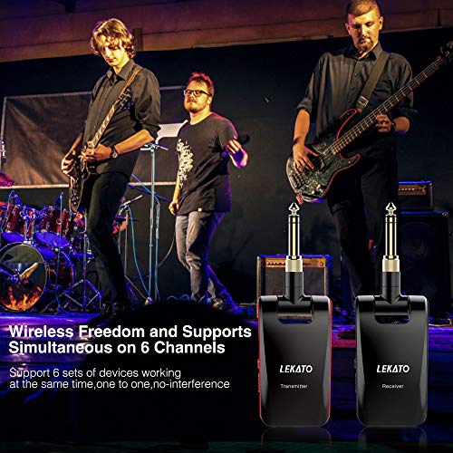 Image of LEKATO Wireless Guitar System 2.4GHz Rechargeable Audio Wireless Transmitter Receiver 6 Channels for Guitar Bass Electric Instruments, Stereo and Mono 1 /4 inch & 1 /8 inch 2 in 1 Plugs,Black(WS-60)