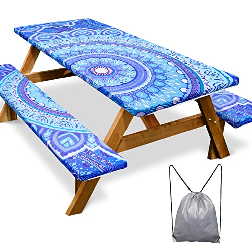 Image of Picnic Table Cover with Bench Covers 6FT 3 Pcs Waterproof Windproof Aesthetic Camping Tablecloth with Drawstring Bag, Fitted for 6 Foot Rectangle Tables and Seats, 72 inch, Light Blue Purple