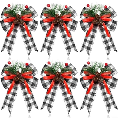 Advokingtap 6 lazos de Navidad con conos de pino, agujas de pino, decoración de cinta, plástico reutilizable, 13 x 15 cm, colores surtidos para corona de árbol, manualidades (blanco y negro)