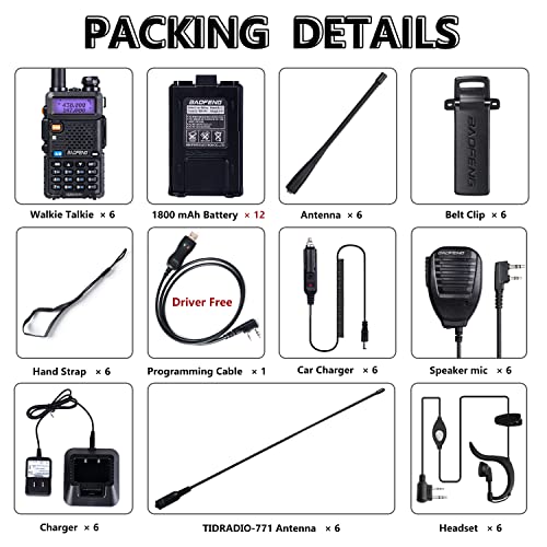 Baofeng Radio Uv-5R Ham Radio (6 Pack) 144-148Mhz/420-450Mhz + 1Pcs Tidradio Driver Free Programming Cable + 12Pcs 1800Mah Batteries Baofeng Walkie Talkie #TOP6