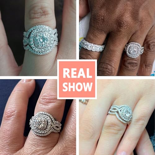 SHELOVES Engagement Wedding Ring Set for Women Double Halo Sterling Silver Round White AAAAA Cz Sz 5-102