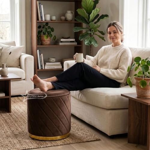 Image of Ottoman Stool, Puffy Stool, Sitting Stool, Modern Upholstered Round Ottoman, Dressing Table for Living-Brown