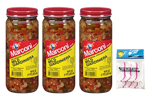 Marconi Mild Giardiniera, 16 Ounce (3 pack) Bundle with PrimeTime Direct 20ct Dental Flossers in a PTD Sealed Bag