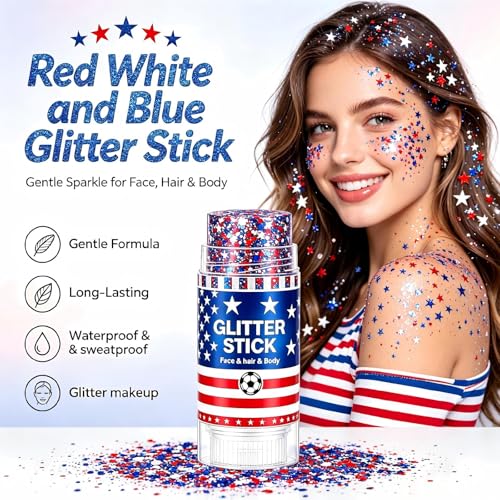 Red White and Blue Glitter Stick,4th of July Patriotic Chunky Face Glitter,Body Glitter & Hair Glitter, Independence Day Party Accessories, Memorial Day & USA 250th Anniversary,Makeup for Women & Kids — view 3