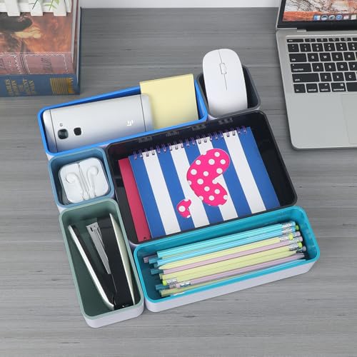 デスク引き出しオーガナイザートレイ 6個 12 x 12 x 2インチ プラスチック 積み重ね可能 オフィス引き出しオーガナイザー メイクアップ ジュエリー ガジェット 文房具収納 デスク 教師 学生 労働者用