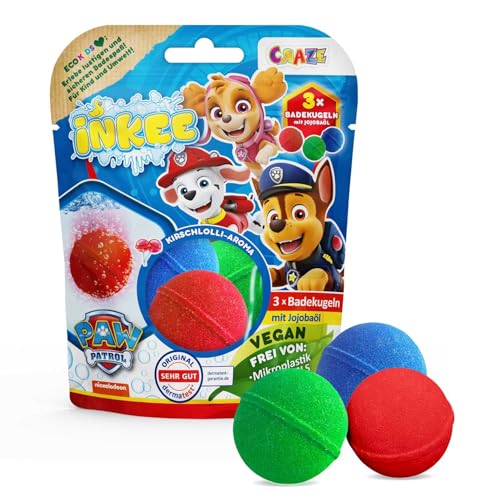 INKEE Paw Patrol Lot de 3 bombes de bain pour enfant – 3 couleurs avec huile de jojoba et sucette de cerise 3 x 50 g – Additif de bain pour enfants