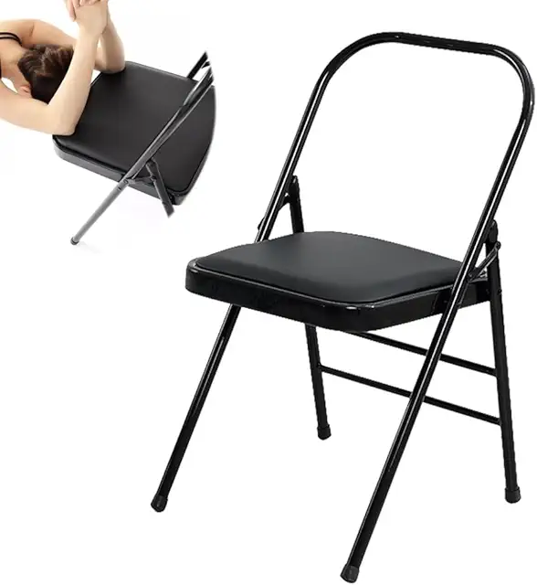 Silla de Yoga Plegable IMUNKT con Respaldo - Metal y Cuero PU Negra